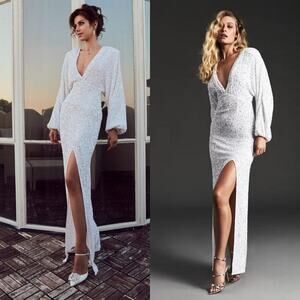 Retrofête White Sequin Maxi Dress XS NWT Bridal Wedding Reception Gown Slit